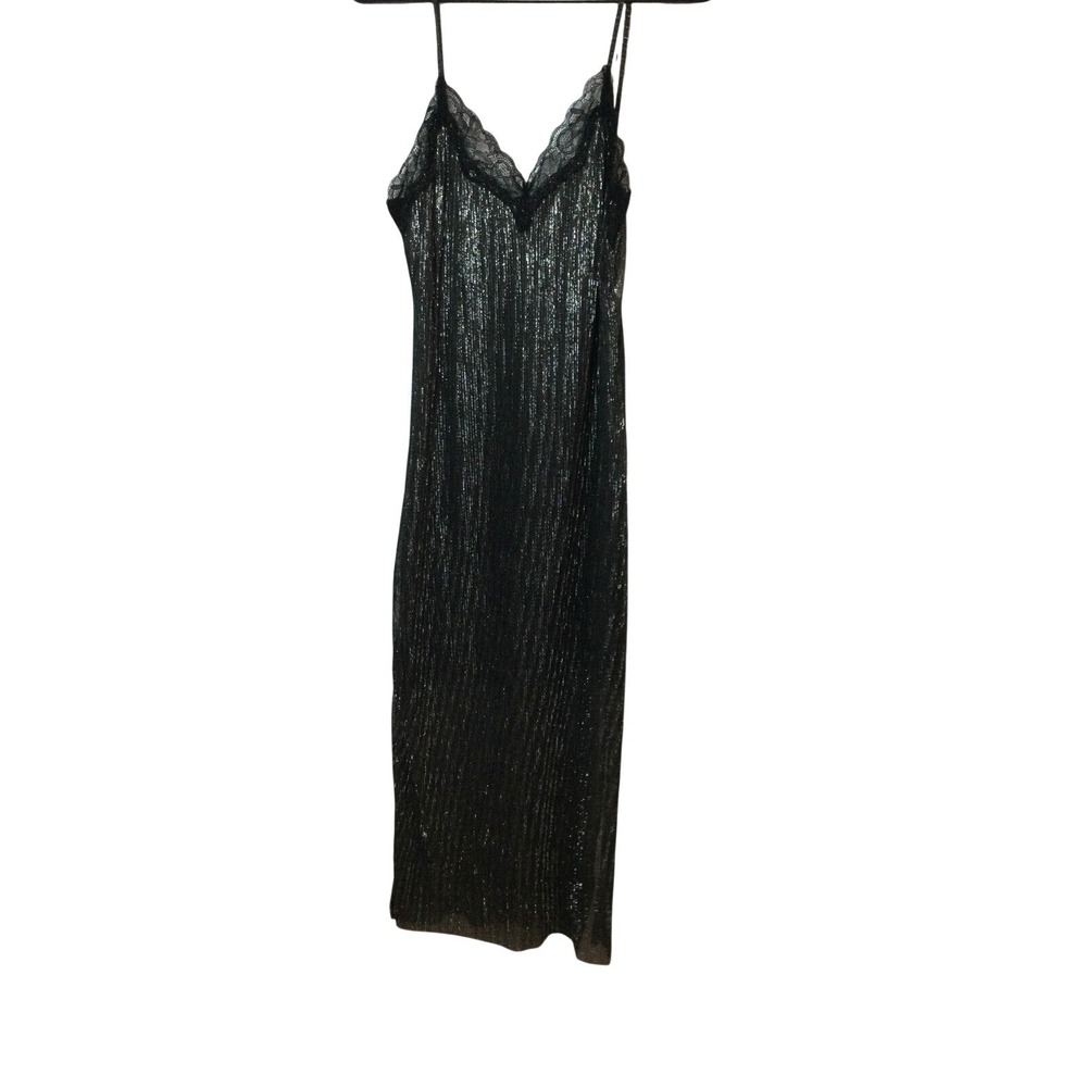SHIFT Metallic Midi Dress Lace Trim Party Cocktail Sleeveless Black S (303)